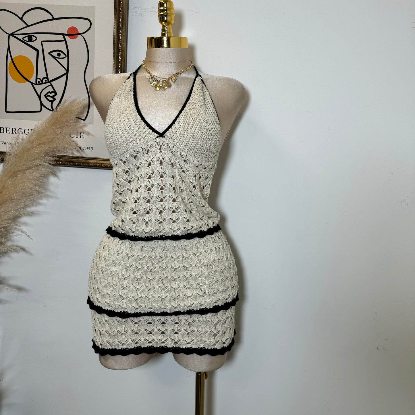 Knitted Halter Skirt Set-Beige
