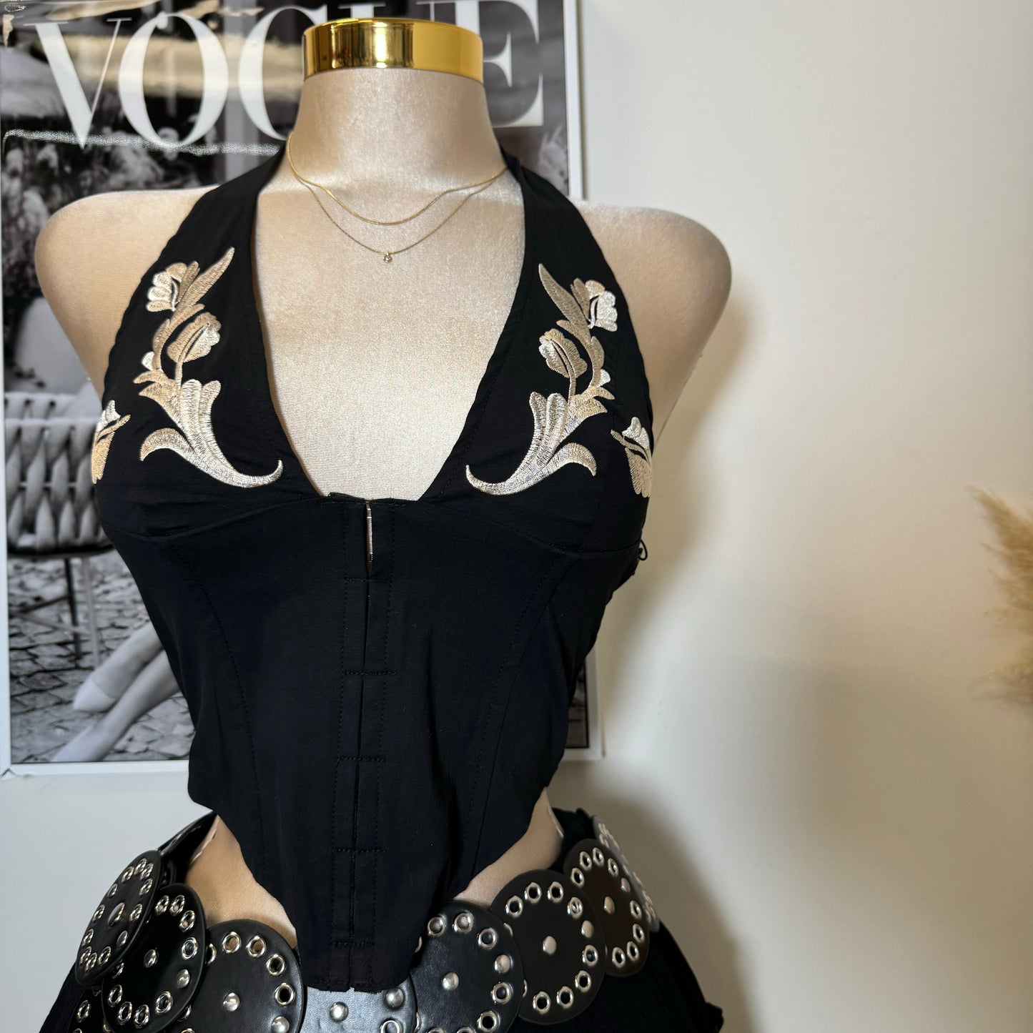 Maisie Western Embroidered Halter Top-Black
