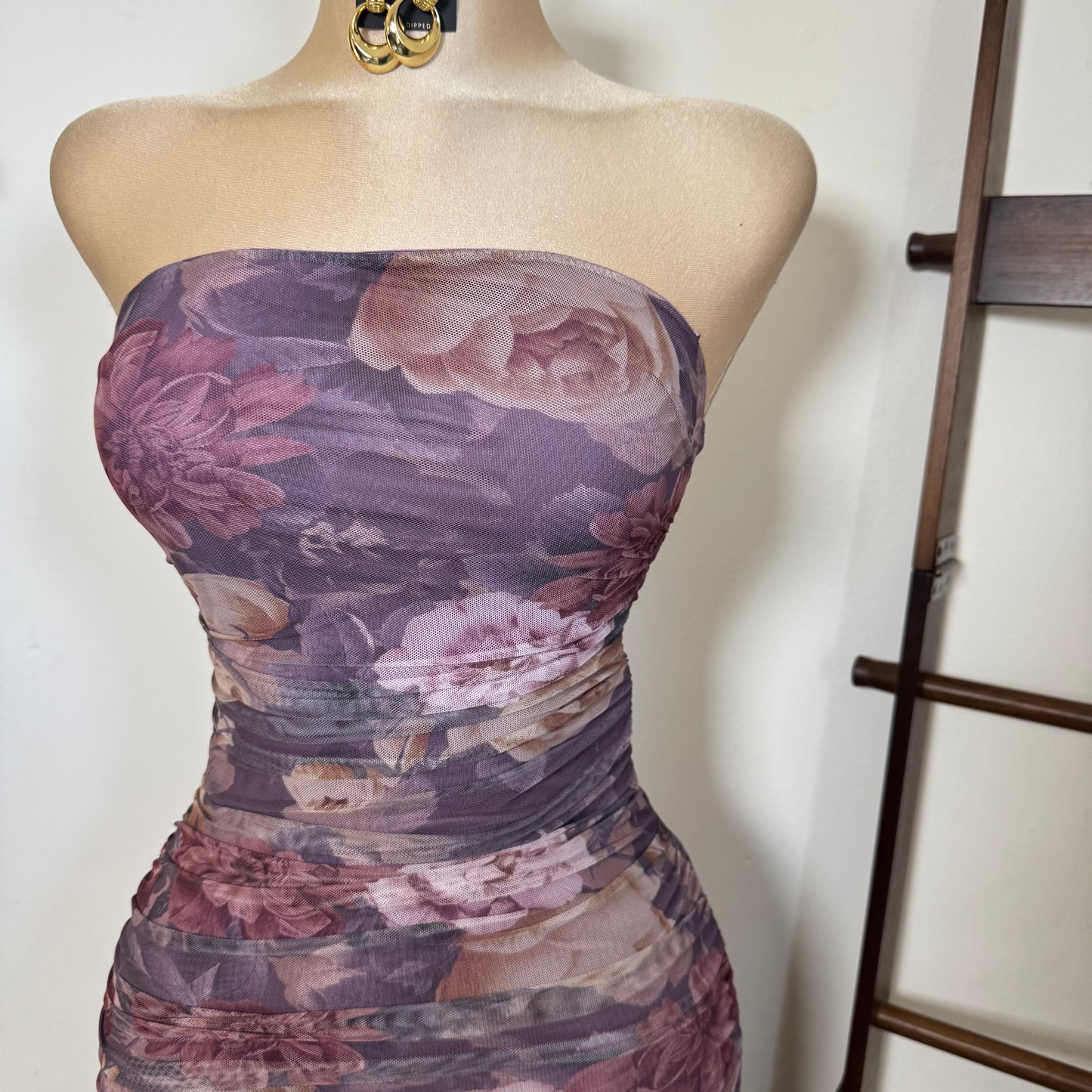 Mesh Print Tube Ruching Maxi Dress-Lavander