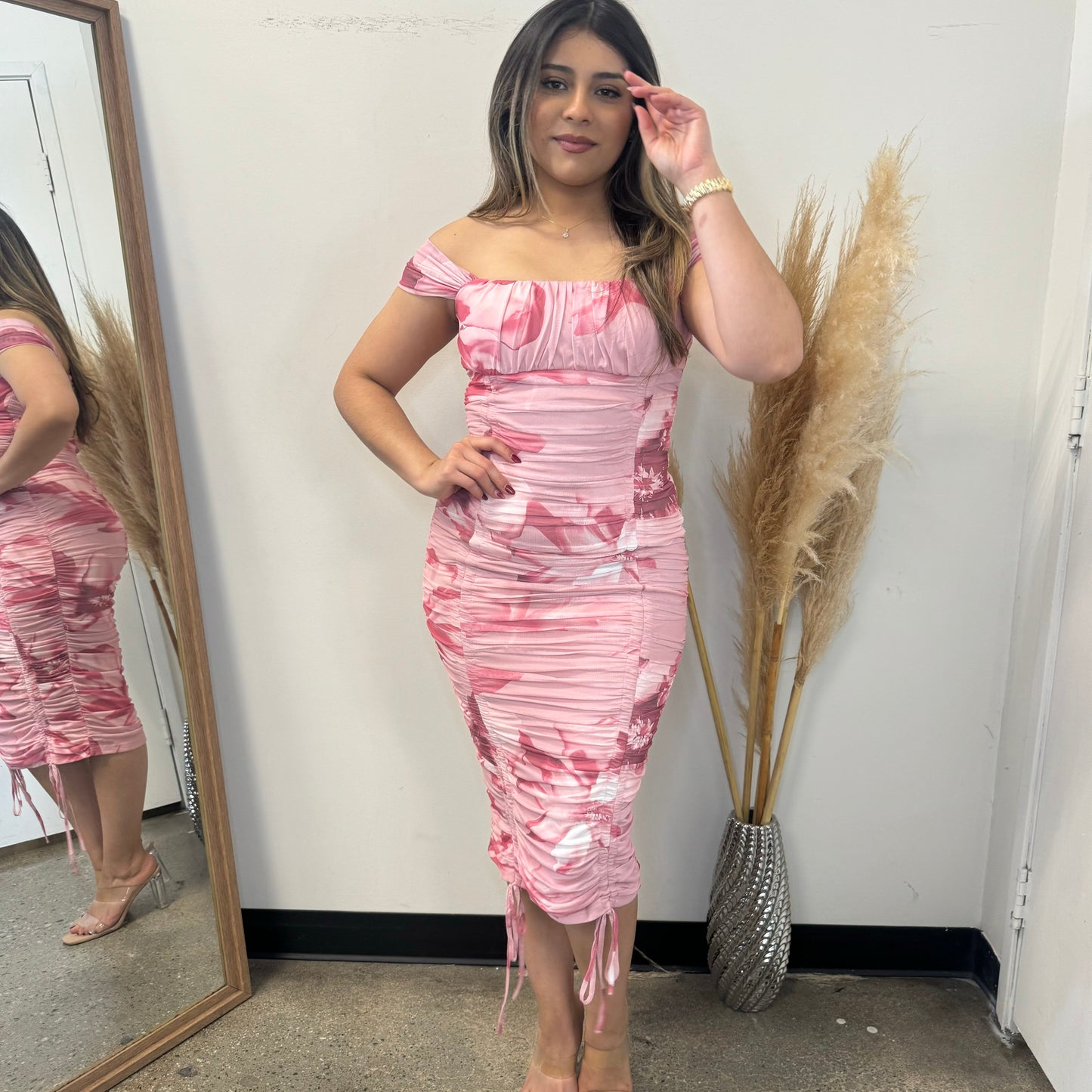 Floral Print Off Shoulder Ruched Dress-Pink