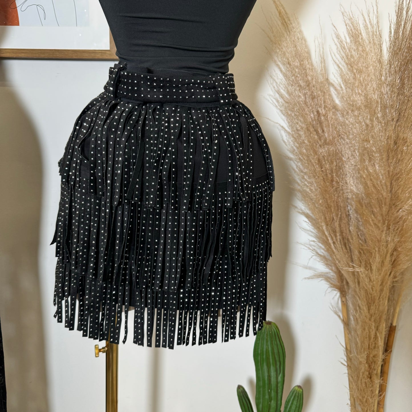 Fringe Skirt With Belt-Black