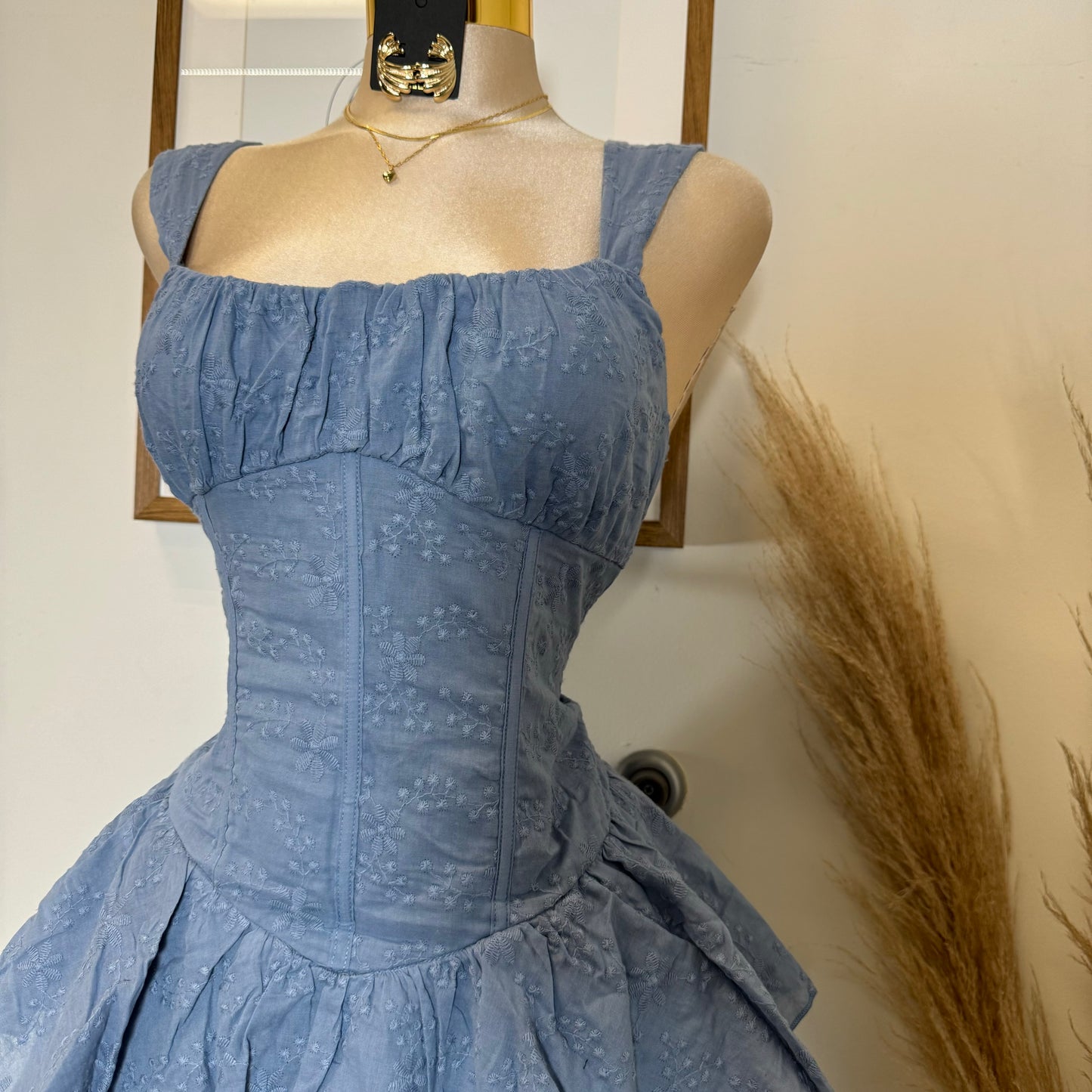 Cotton Corset Double Layer Mini Dress-Blue