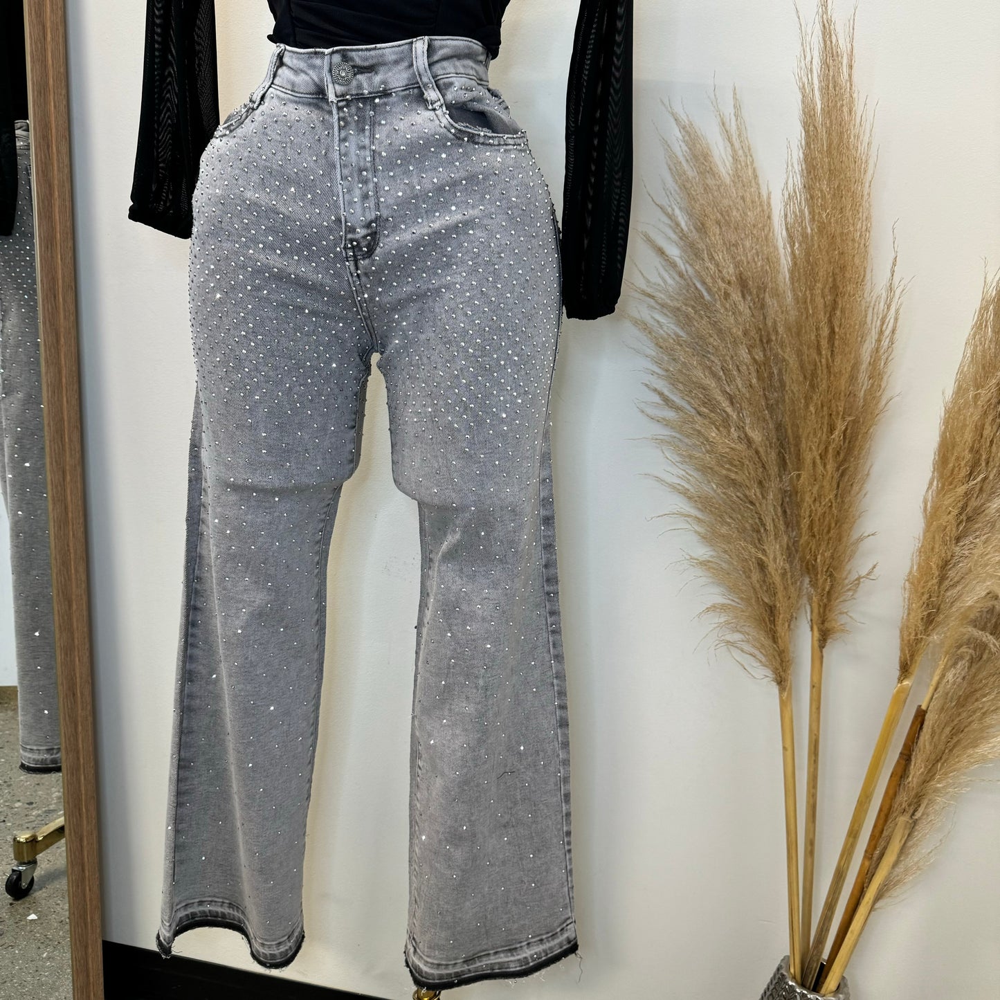 All Rhinestone Pants-Gray