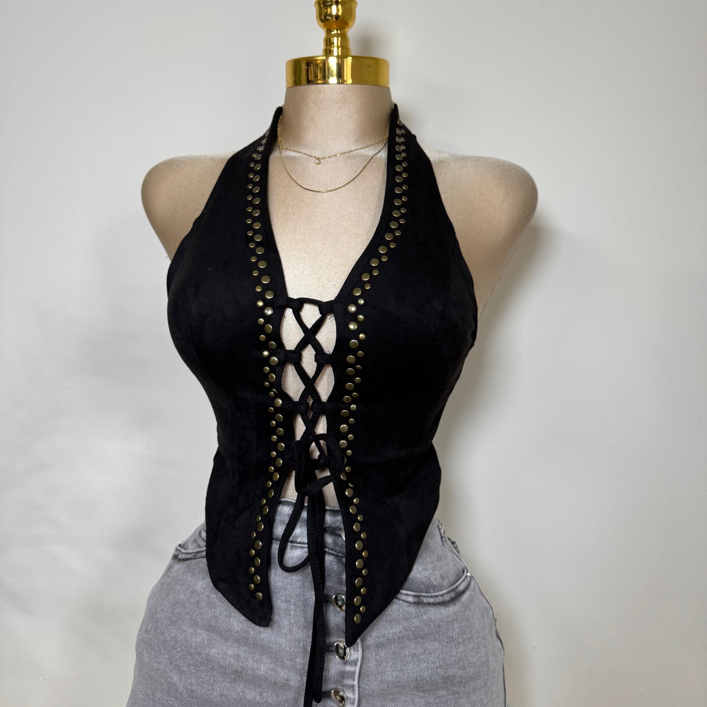 Suede Halter Open Front Top-Black