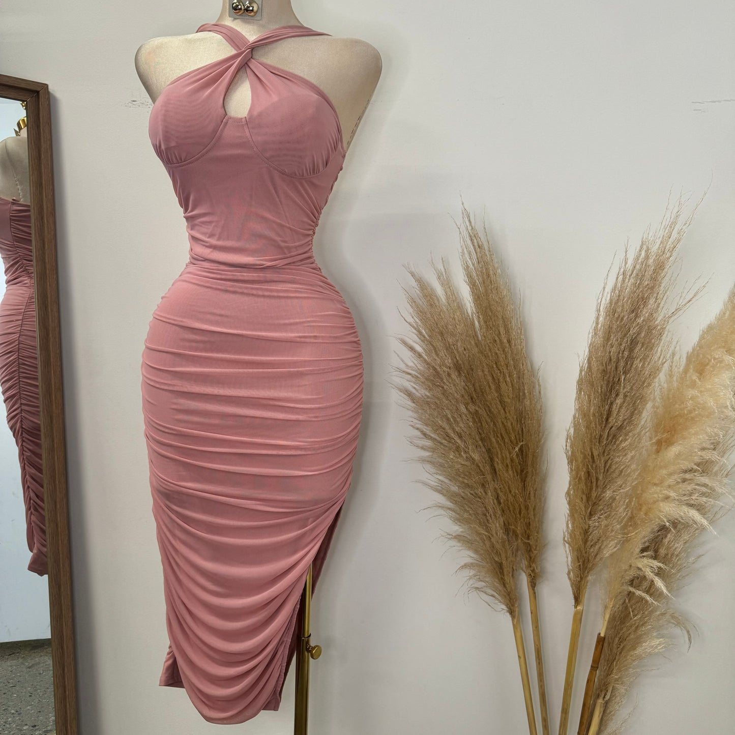 Inara Mesh Twist Halter Neck Midi Dress-Mauve