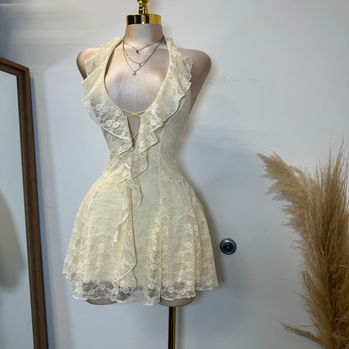 Amy Lace Halter Dress-Ivory