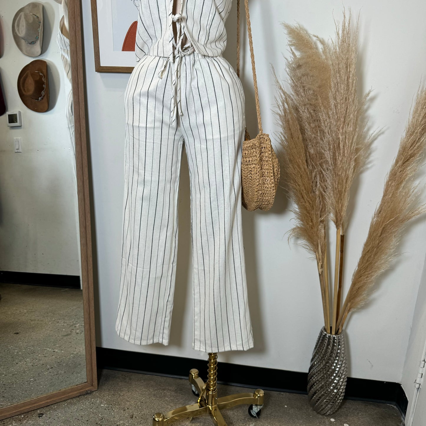 Knot Linen Pant Set-White and Black Stripes