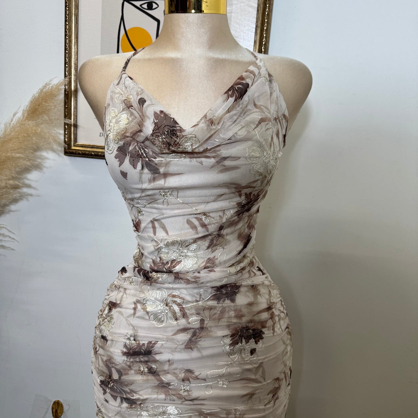 Deep Plunge Halter Neck a-Line Midi Dress-Brown