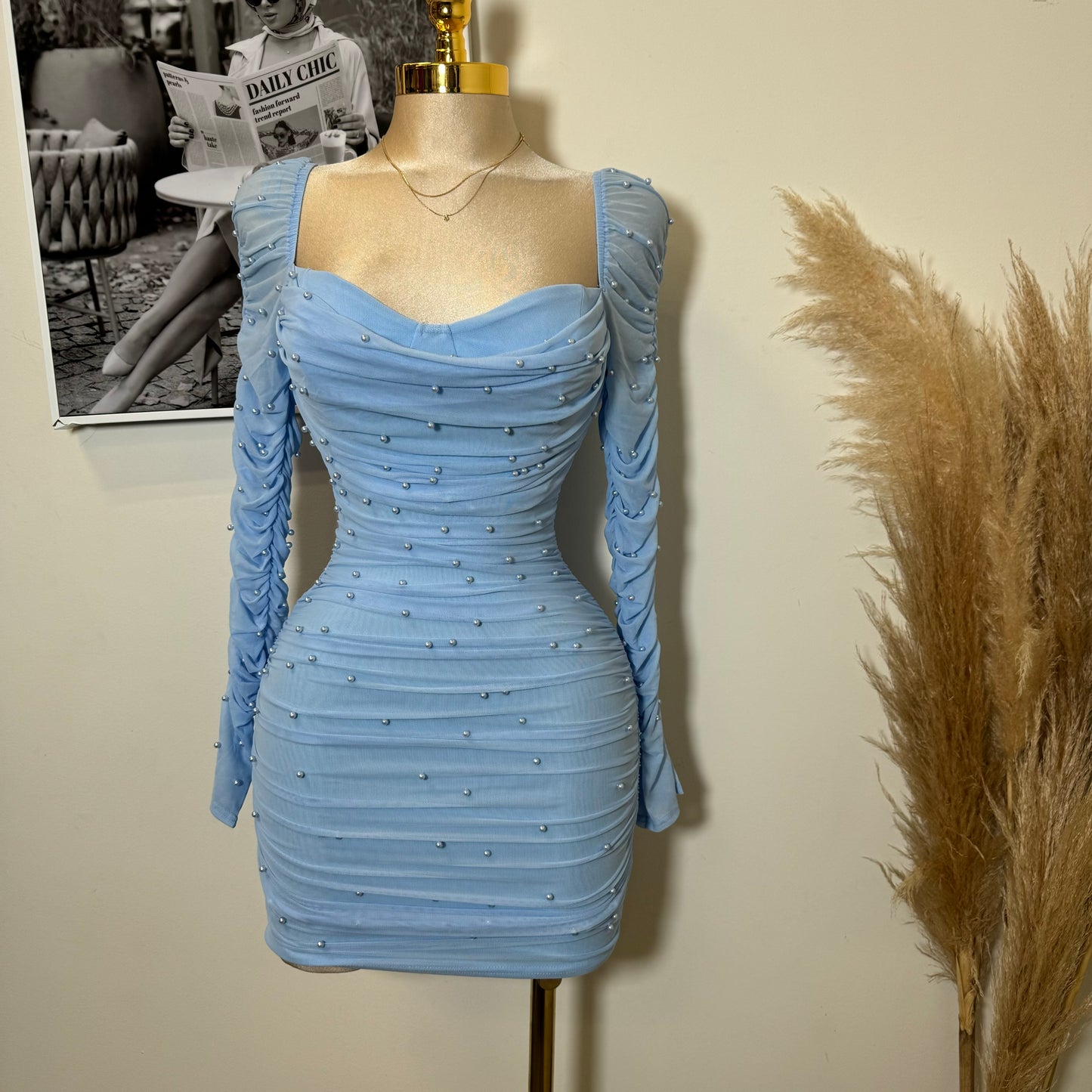 Meghan Pearl Mesh Dress-Baby Blue