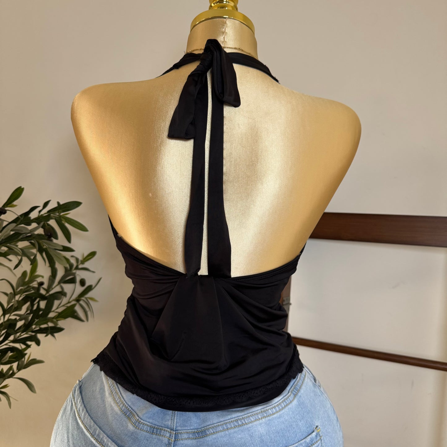Halter Lace Detail Top PL-Black