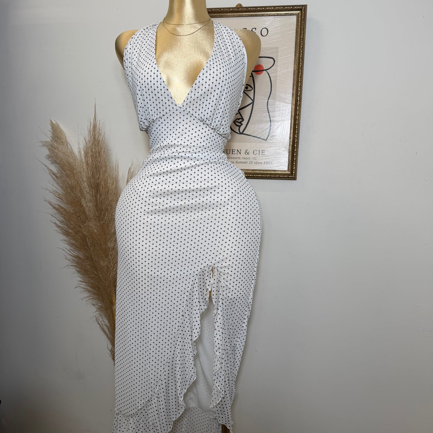 PL-Mesh Halter Maxi Dress Open Slit Dress-White