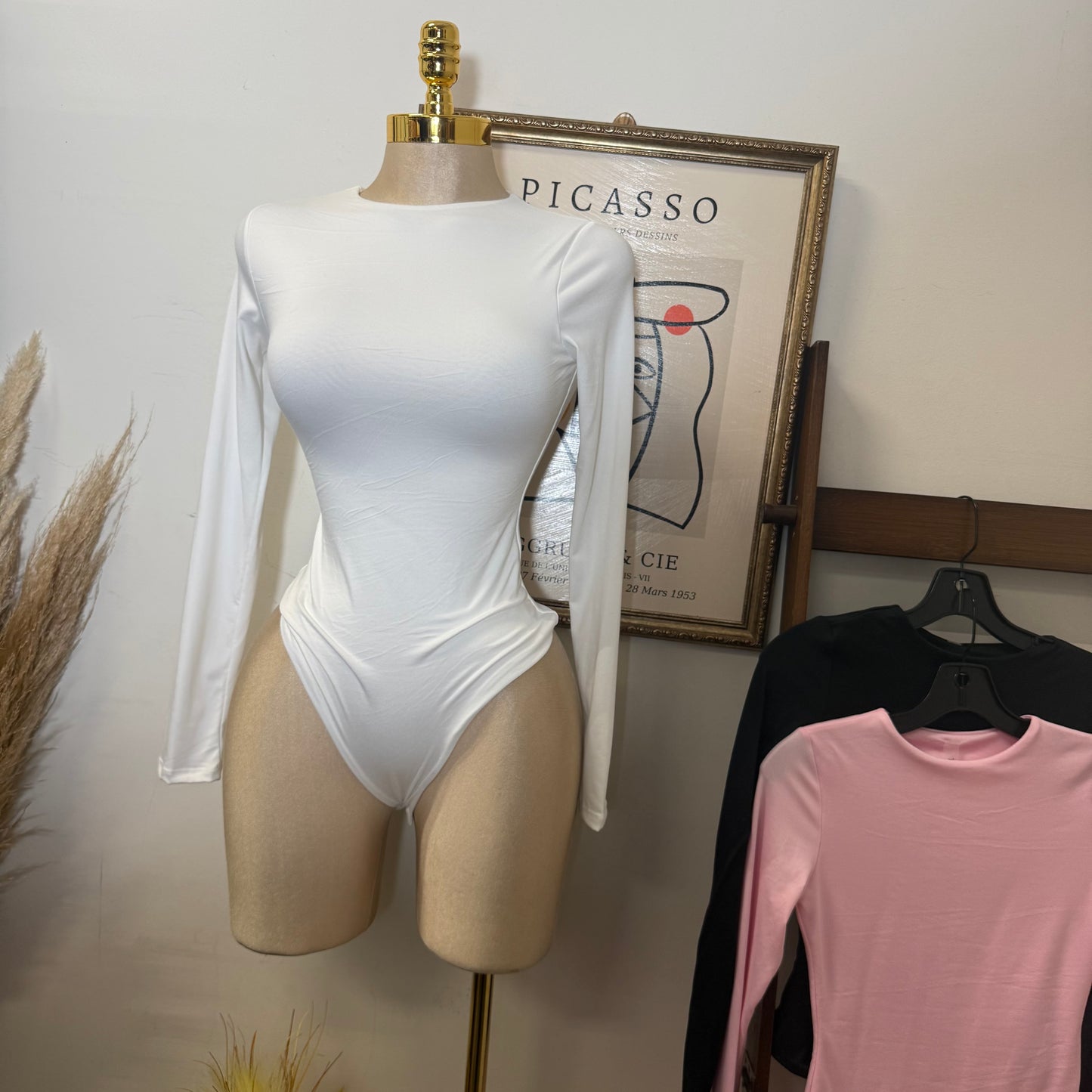 Long Sleeve Crew Neck Thong Bodysuit-White