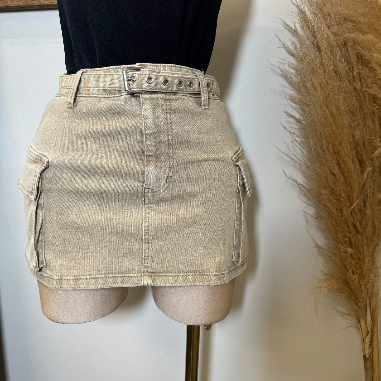 Cargo Belt Mini Skirt-Khaki