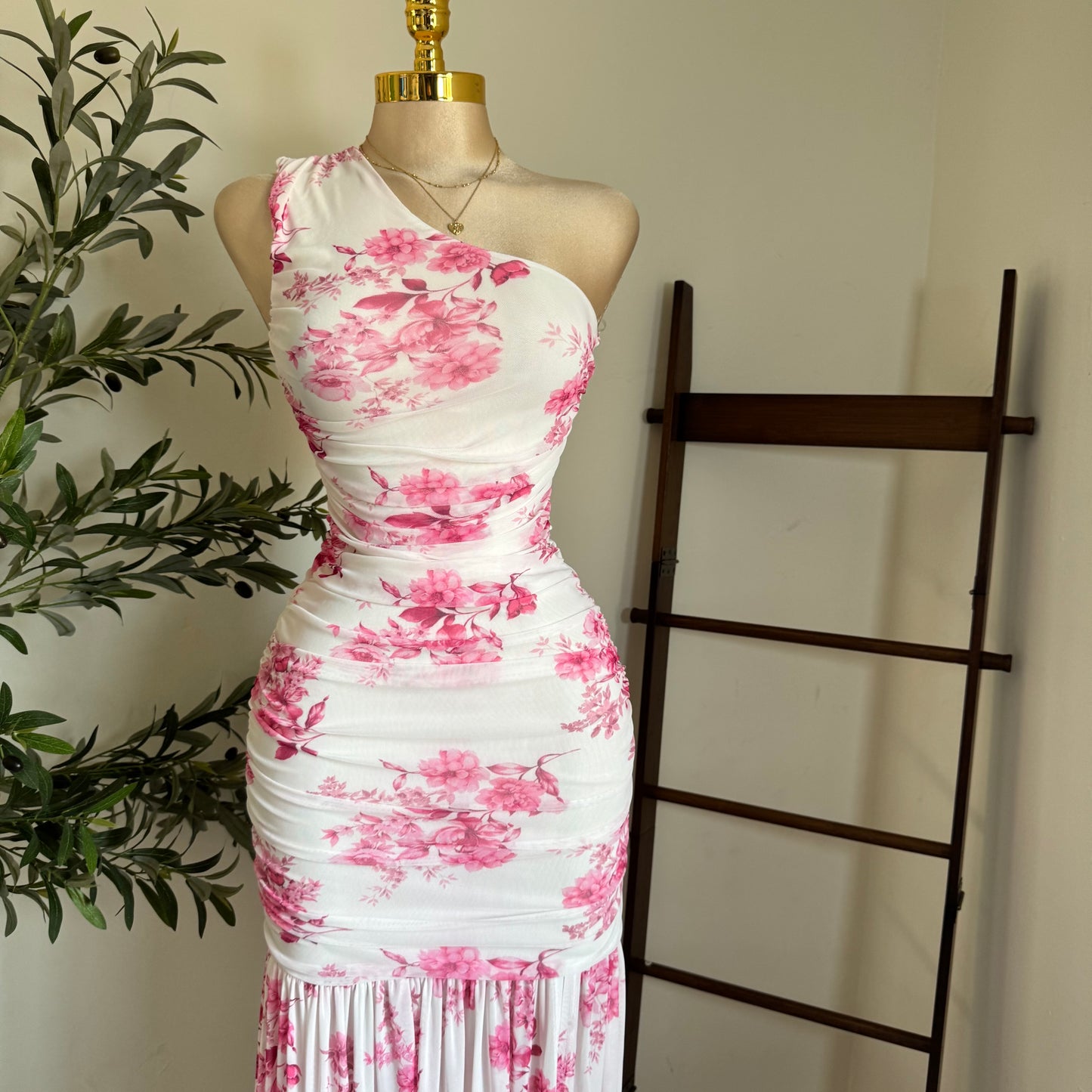One Shoulder Mesh Maxi Dress-Pink/White