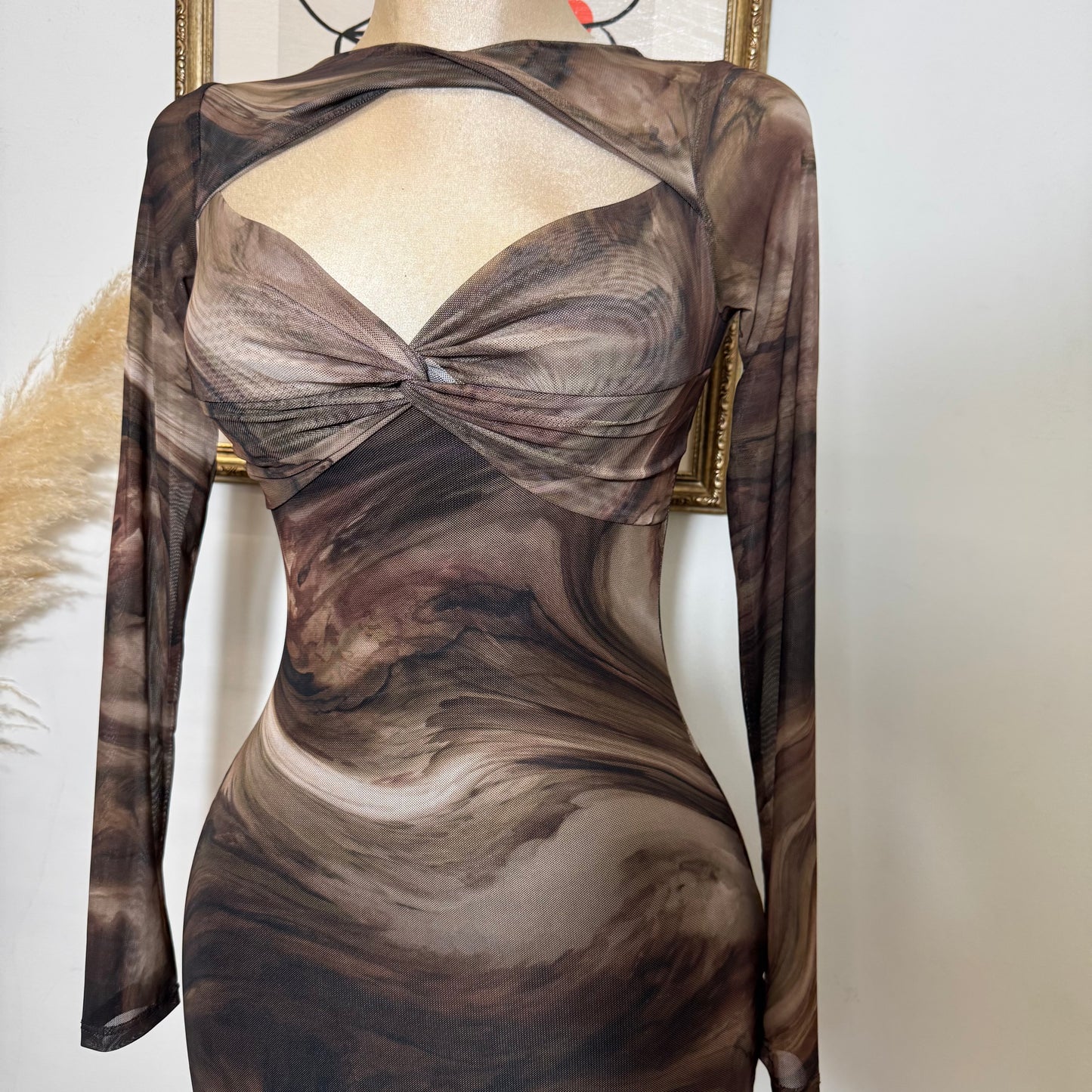Marble Print Mesh Midi Dress