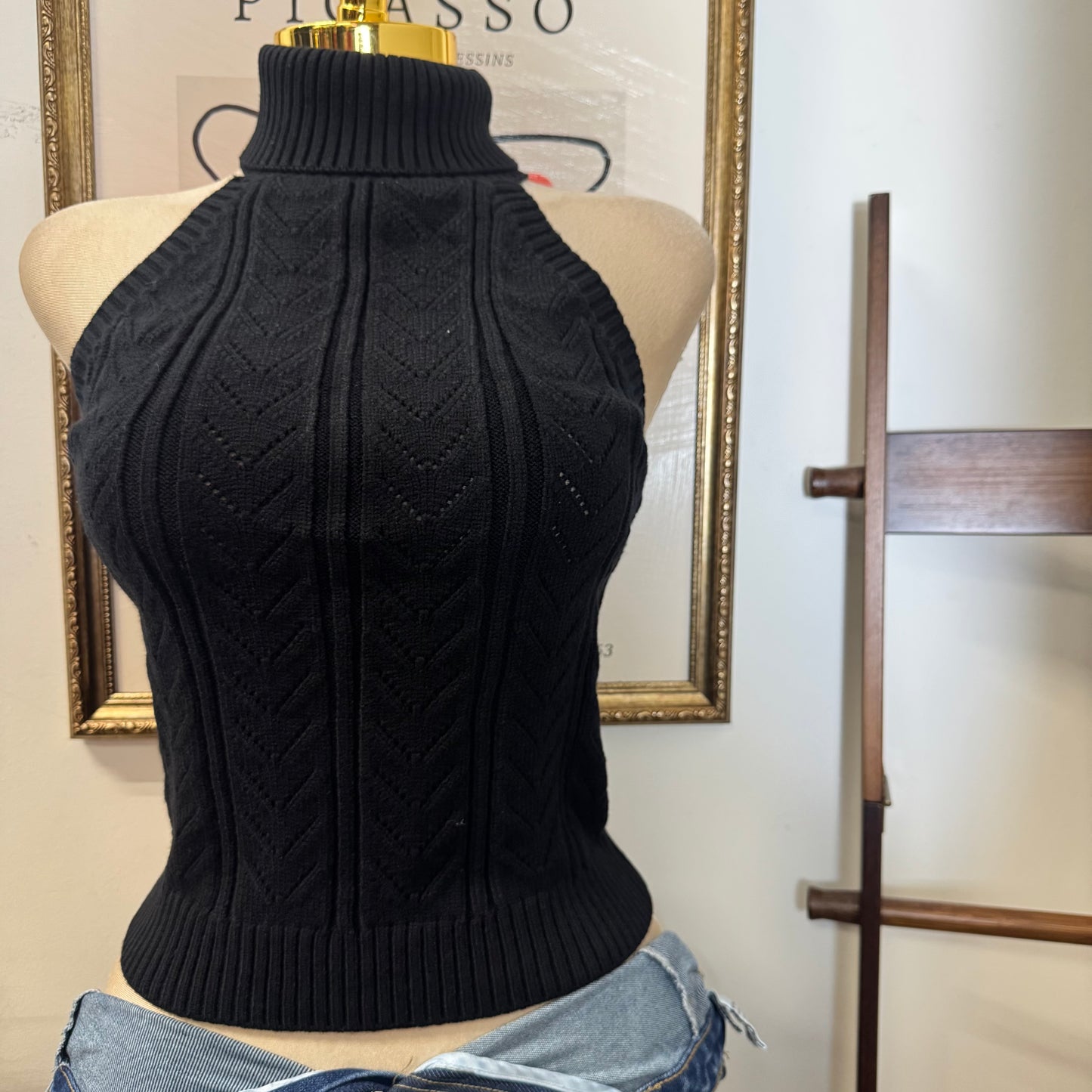 Sleeveless Turtle Neck Front Cable Sweater-Black