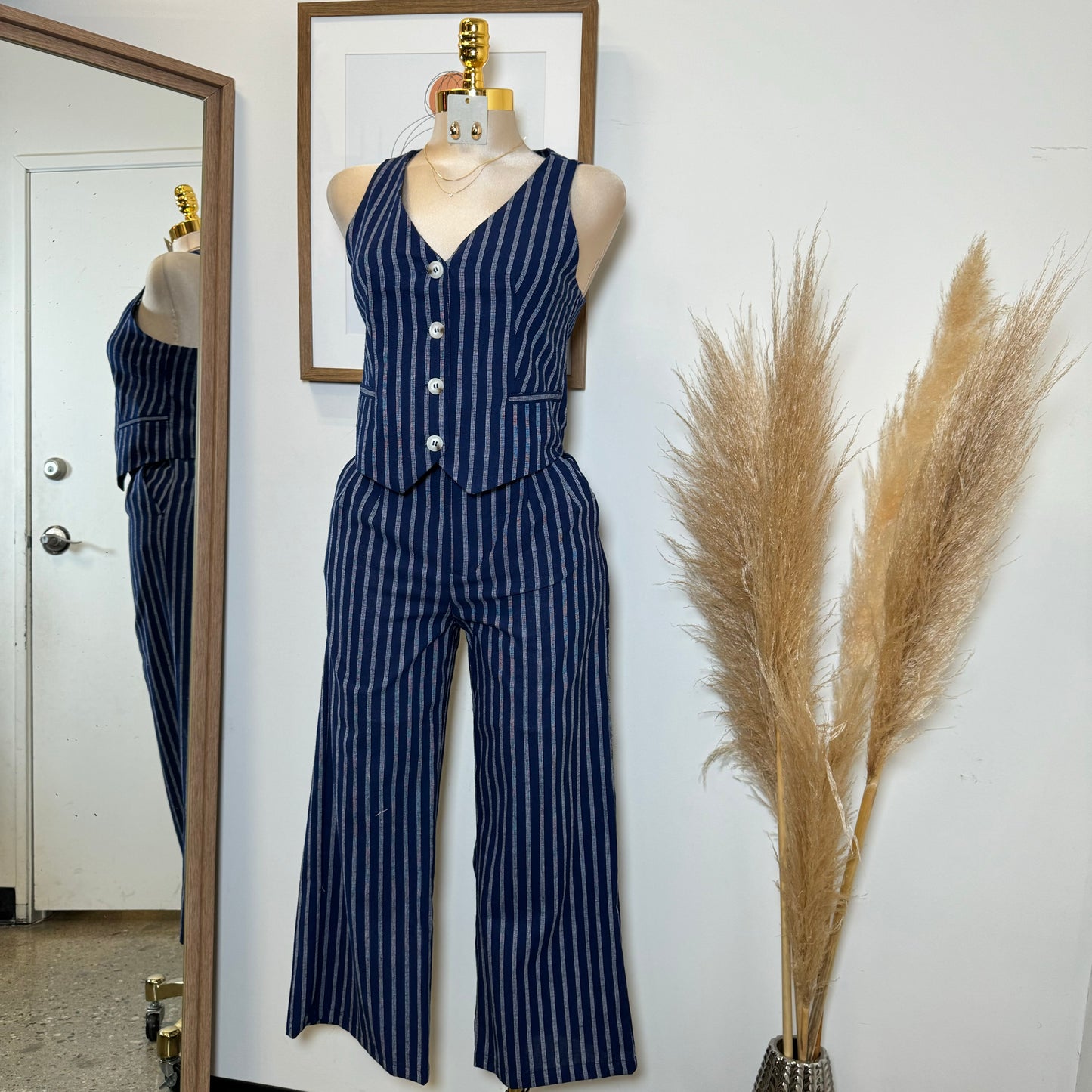 Beli Stripes Linen Pant Set-Navy