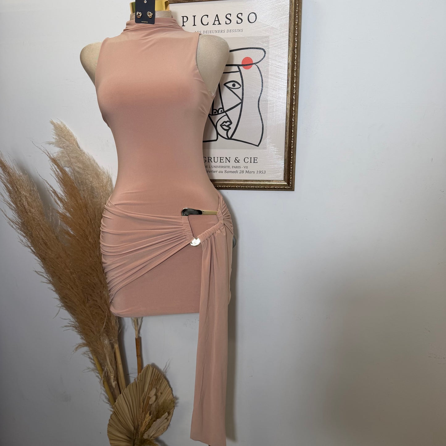 Mock Neck Front Sash With Trim Detail Mini Dress-Nude