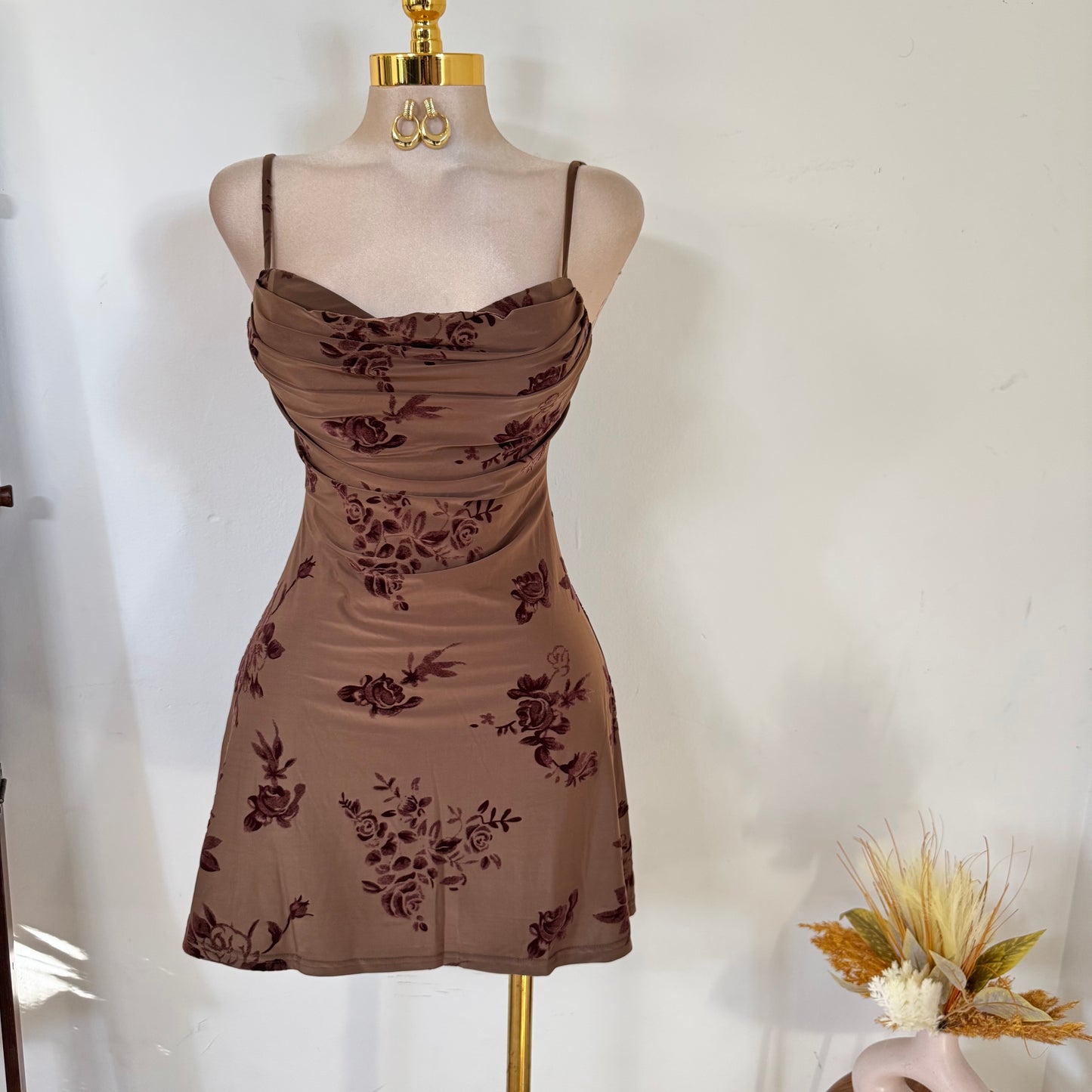 Bustier Cowl Neck SPGT Flare Mini Dress-Mocha