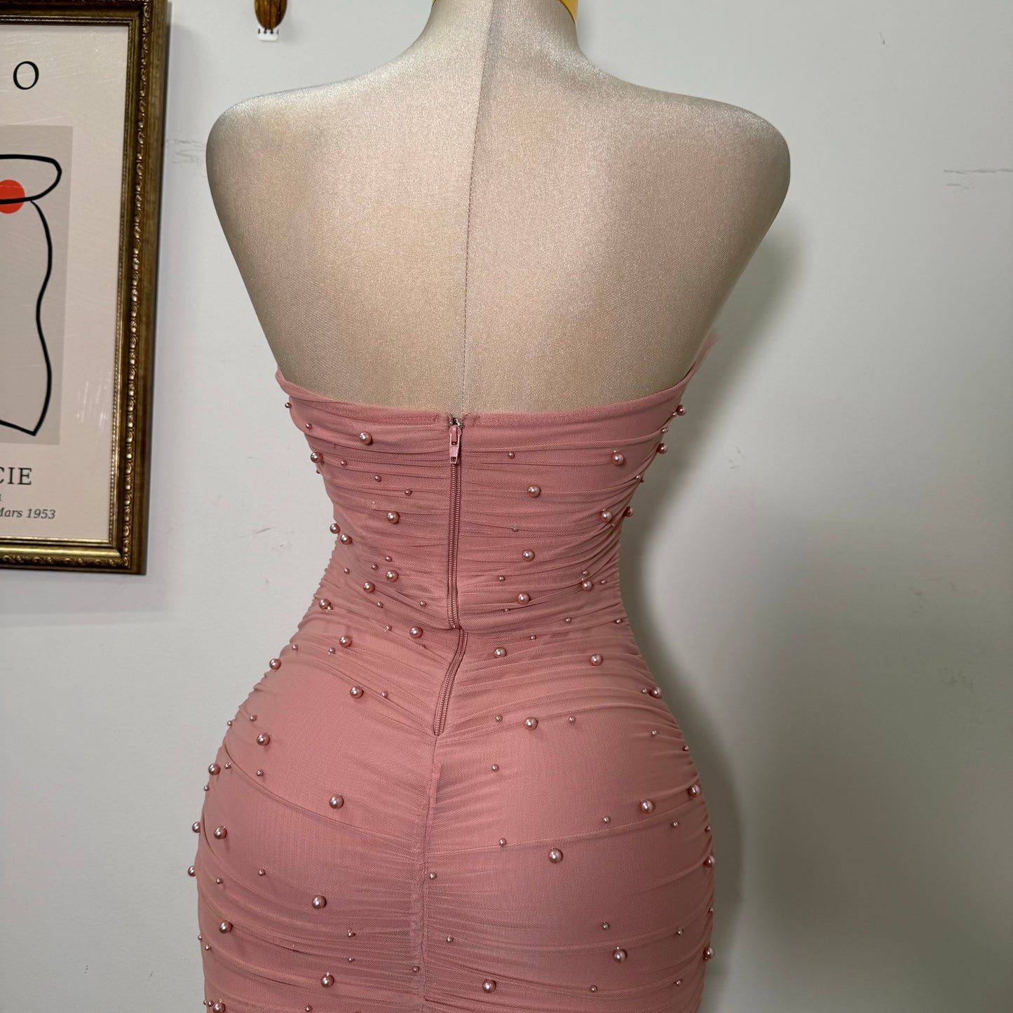 Pearl Bead On Power Mesh Midi Dress-Blush