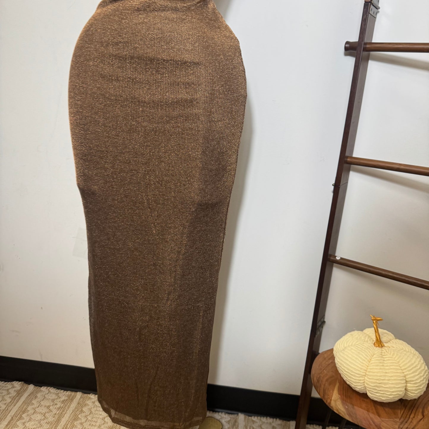 Halter Cowl Neck Metallic Knit Maxi Dress-brown