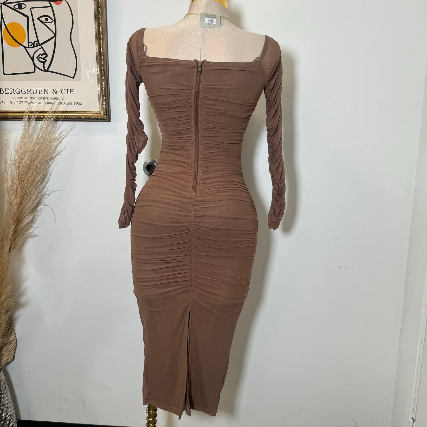 Mesh Off Shoulder Long Sleeve Dress-Brown