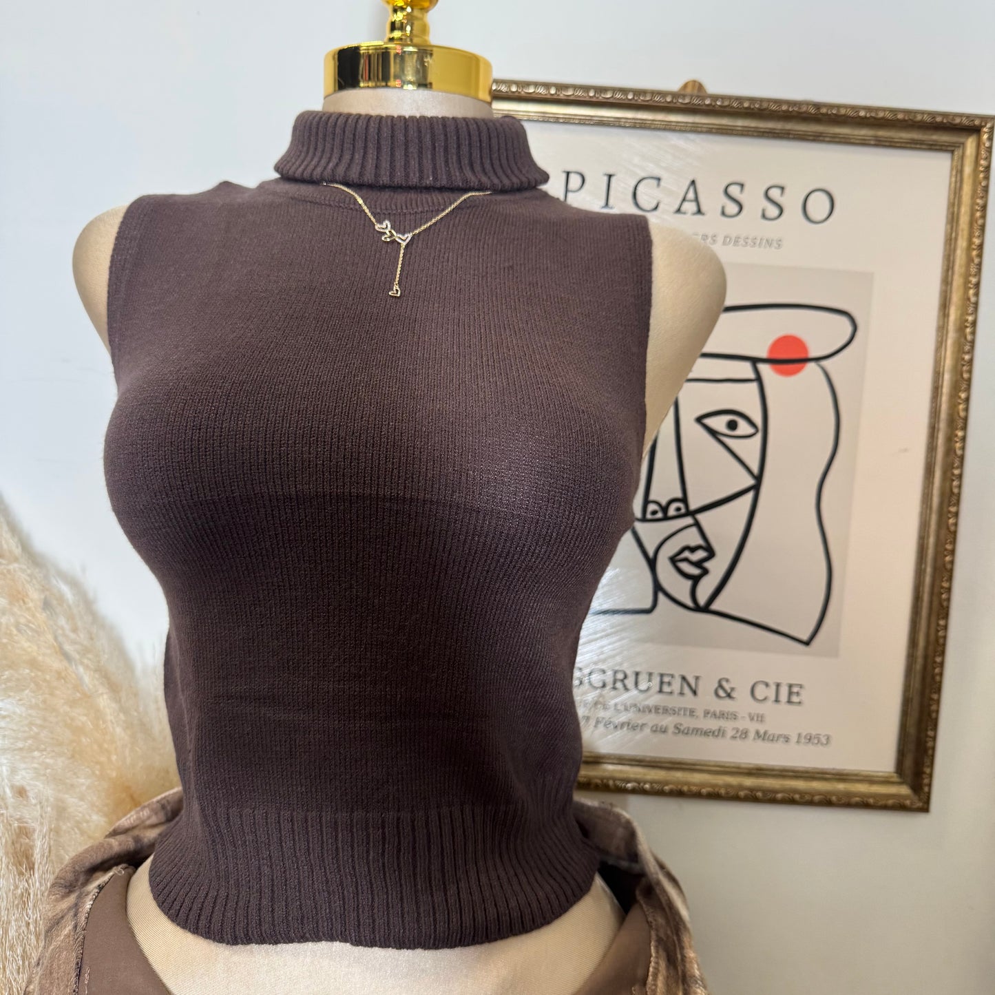Sleeveless Turtle Neck Sweater Top-Brown