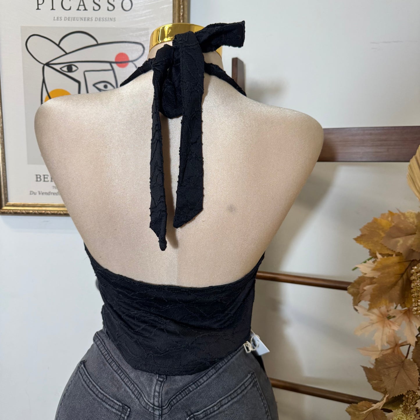 Textured Lace Halter Top-Black