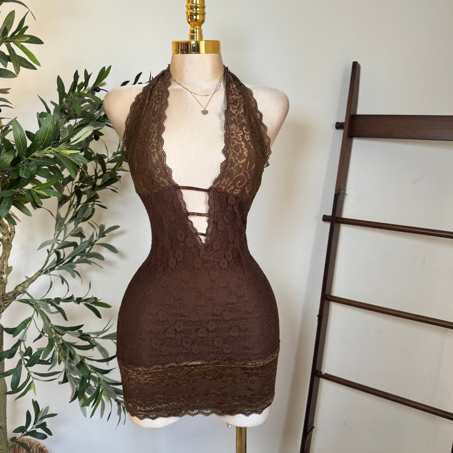 Sexy Lace Mini Dress-Brown