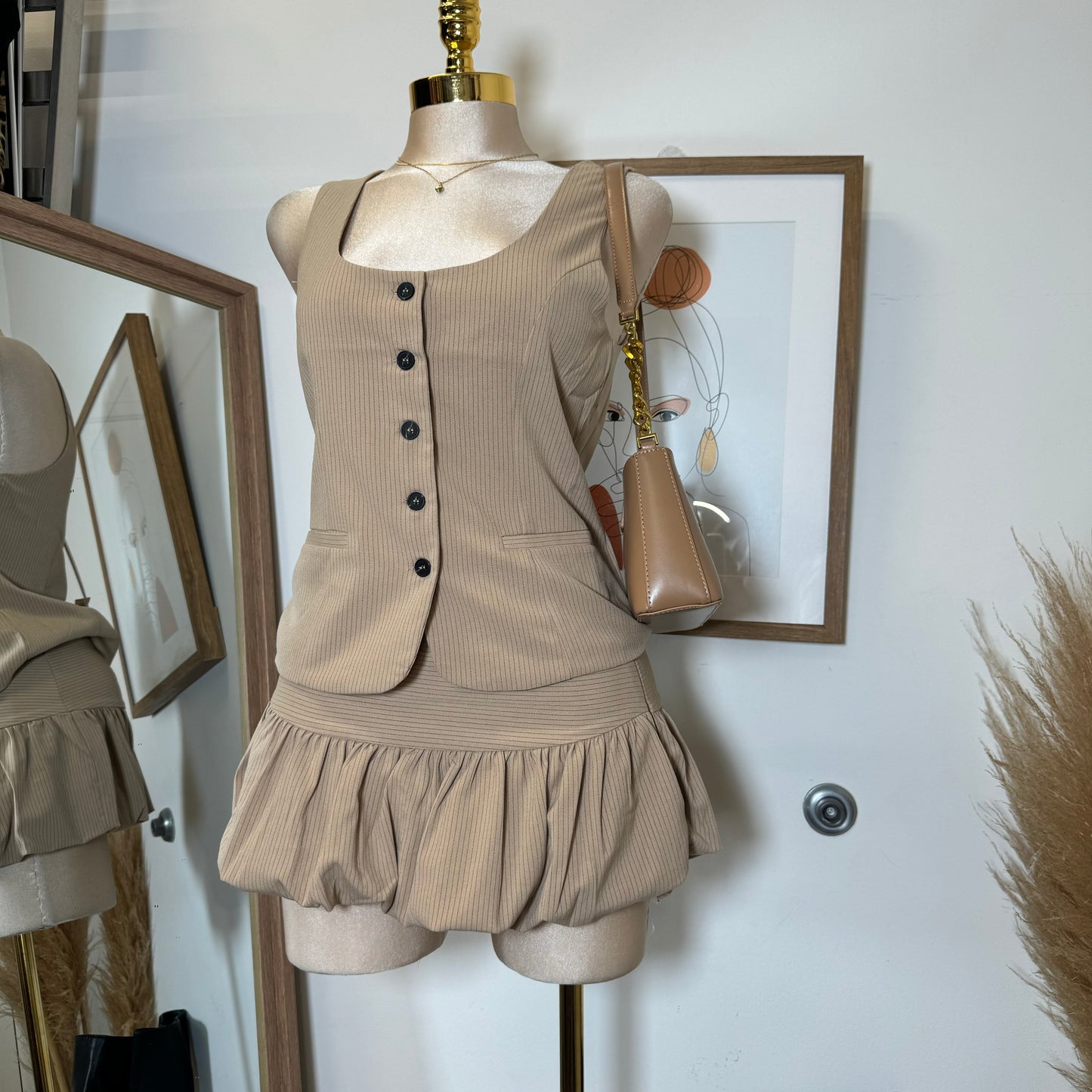 Camila Vest bubble skirt Set-Brown/Black