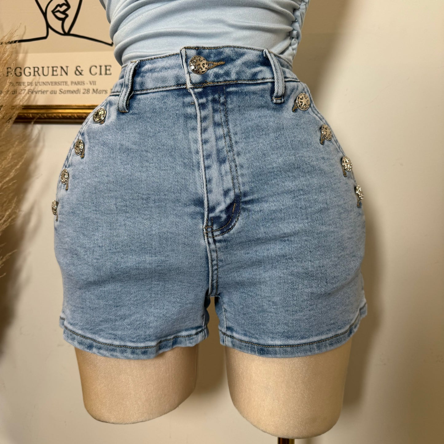 High Waisted Shorts Silver Button-LT Blue
