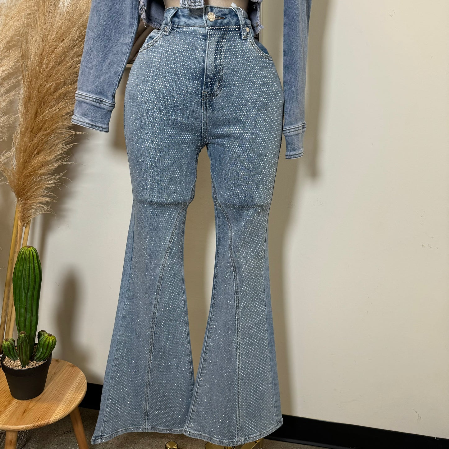 Rhinestone Flare Jeans-Blue