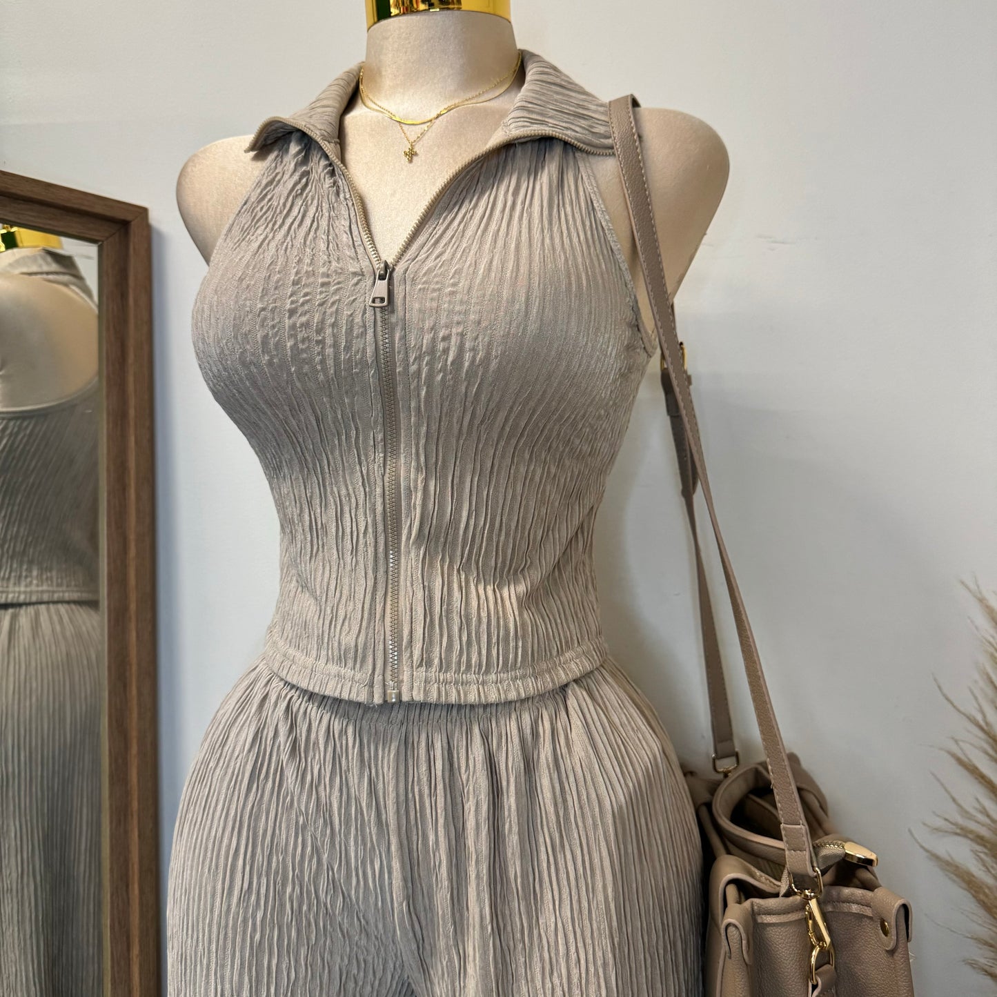 Halter Two Piece Pant Set-Taupe