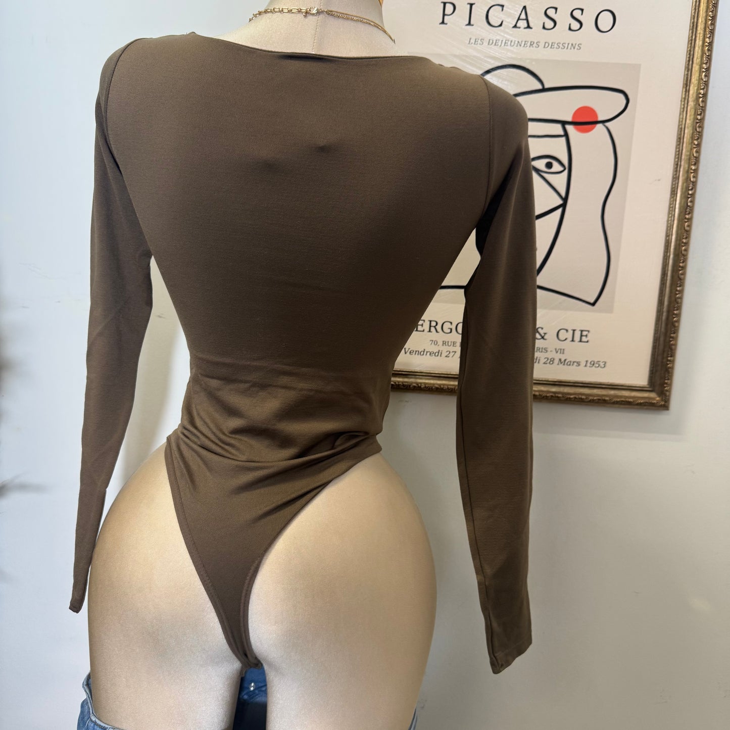 Square Neck Long Sleeveless Bodysuit-Brown