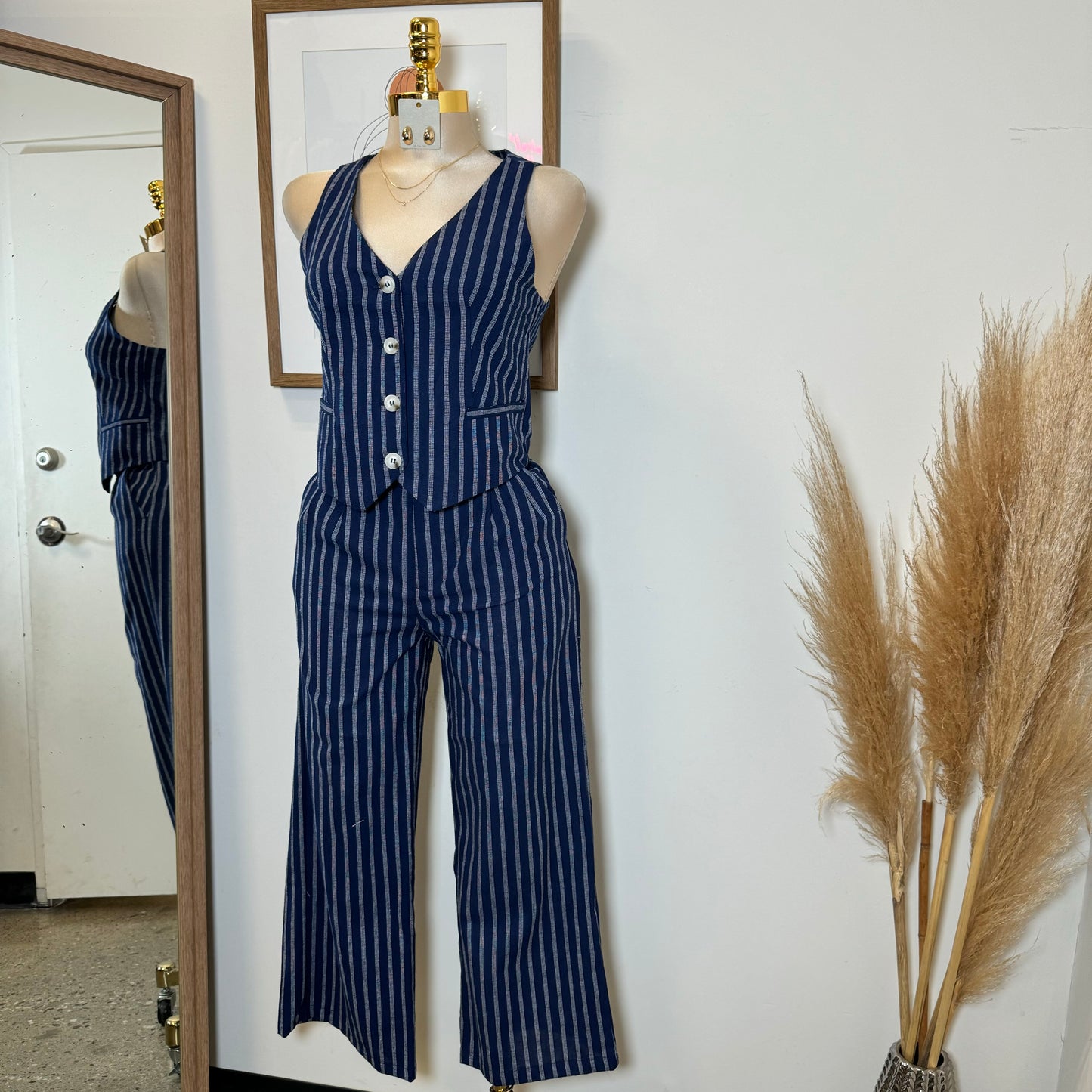 Beli Stripes Linen Pant Set-Navy