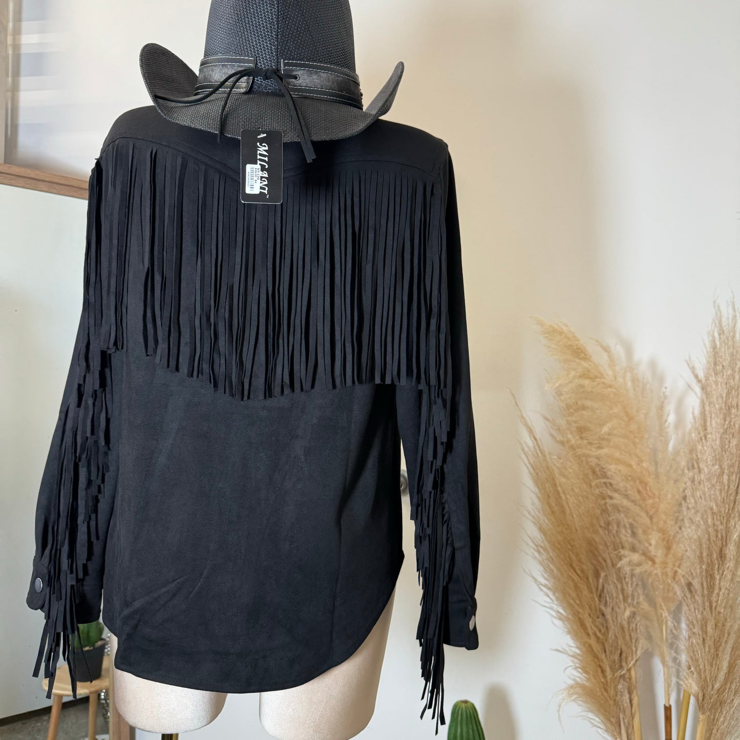 Dime Suede Button Shirt with Fringe-Black