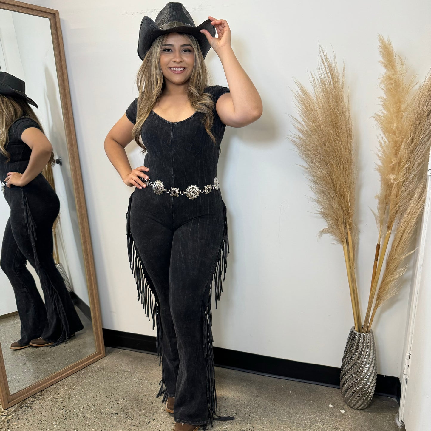 Short Sleeve Fringe Jumpsuit-Black