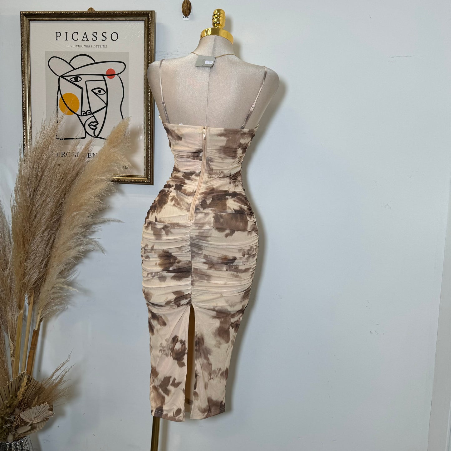 Mesh Print Midi Dress-Brown