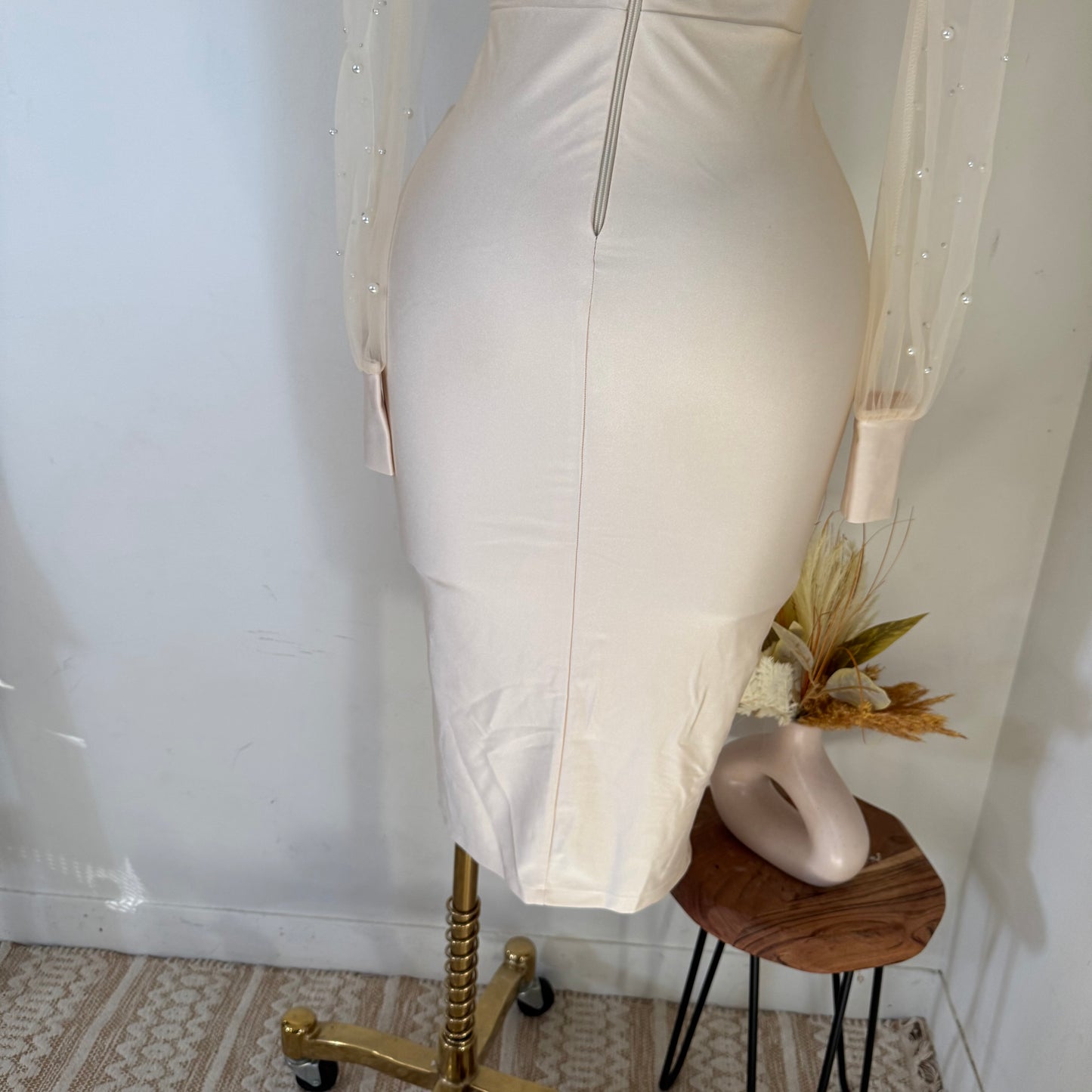 Pearl Beaded Mesh Power Satin Midi Dress-Cream