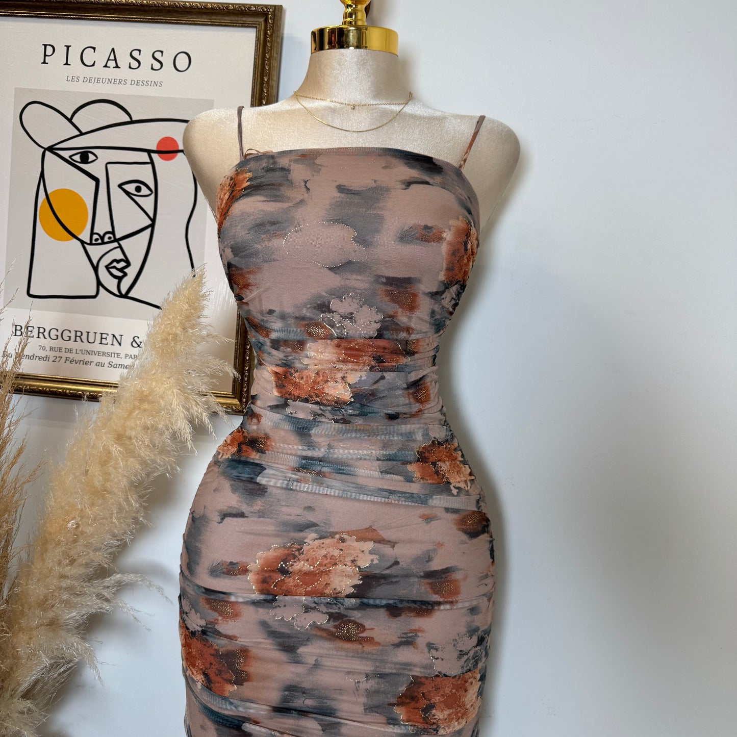 Gold Metallic Mesh Print -Latte