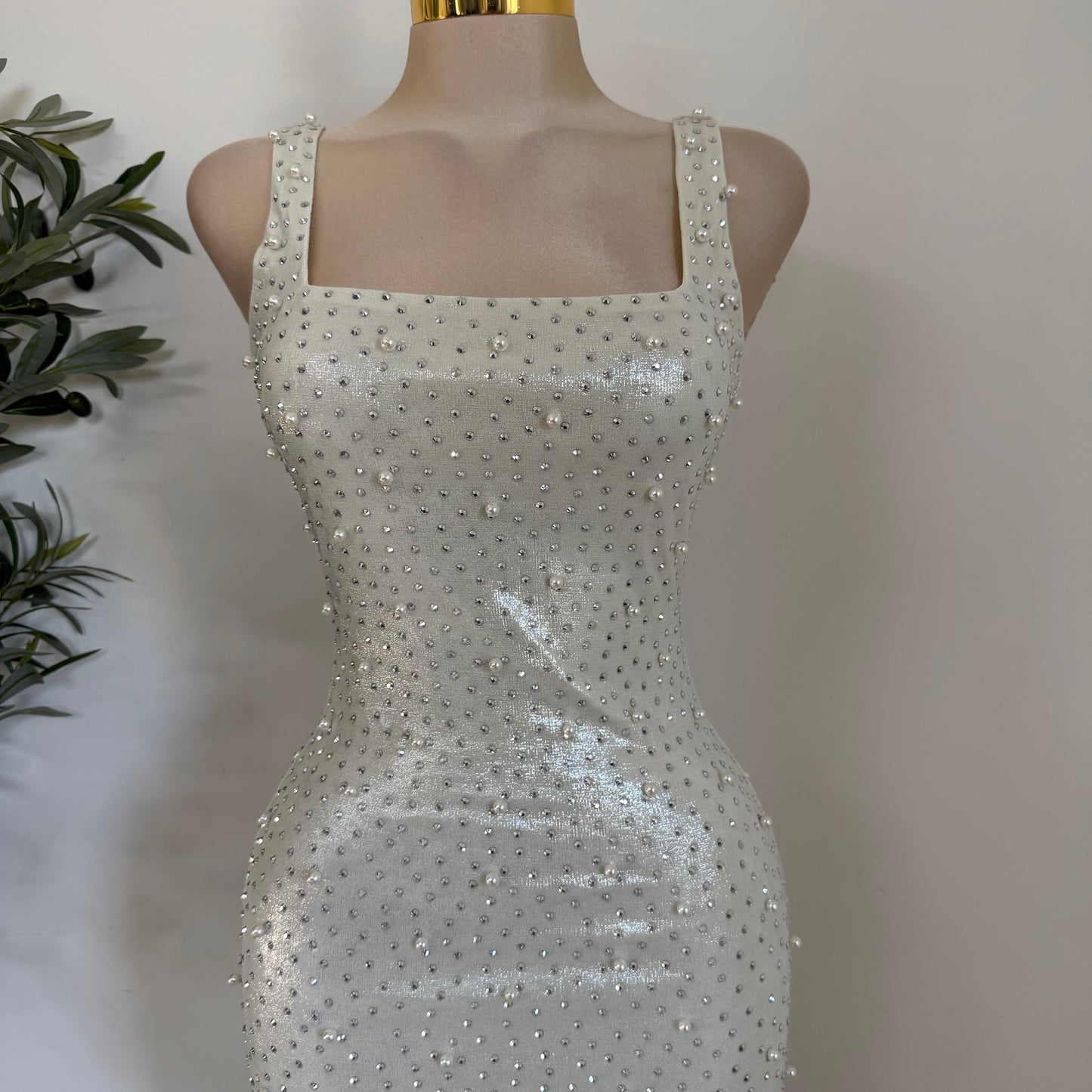 Rhinestone and Pearl beaded Midi Dress-White