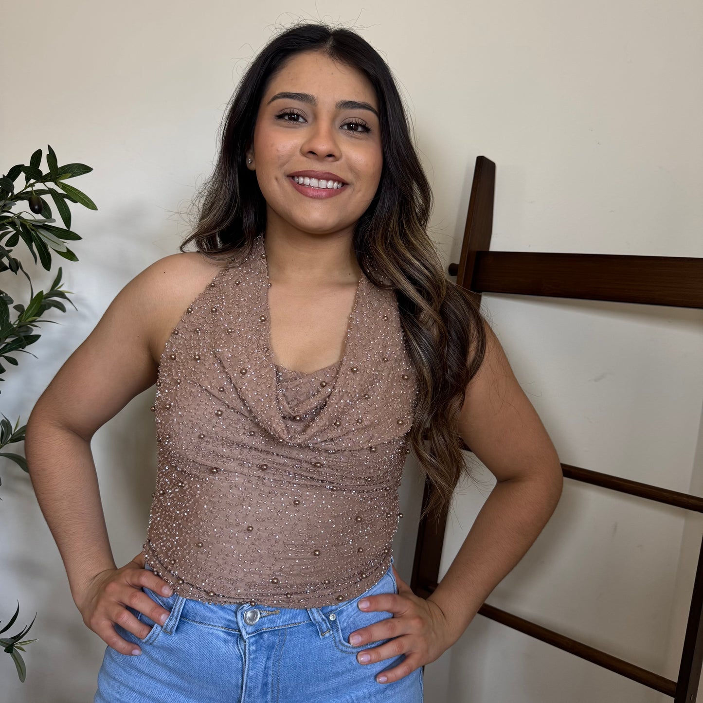 Cowl beaded Halter Top-Mocha