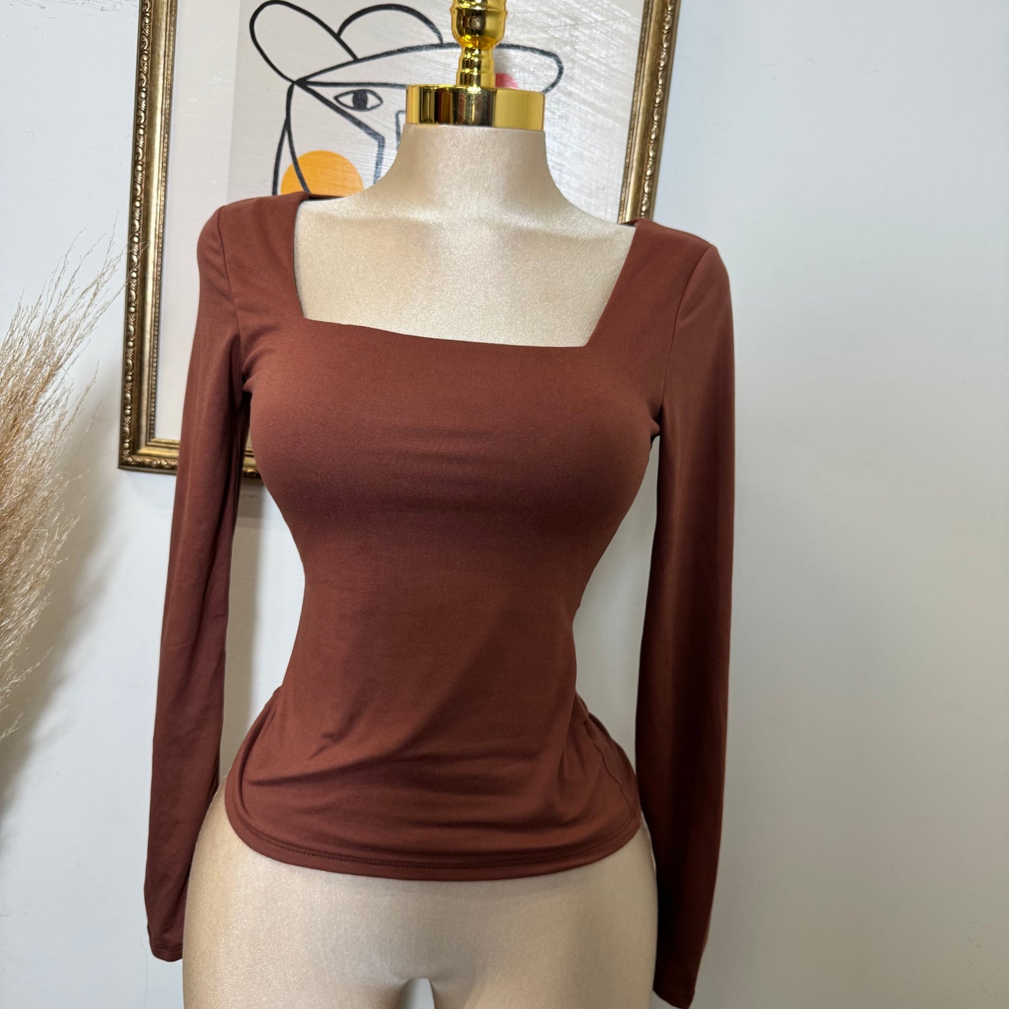 Square Neck Long Sleeve Double Layered Top-Brown