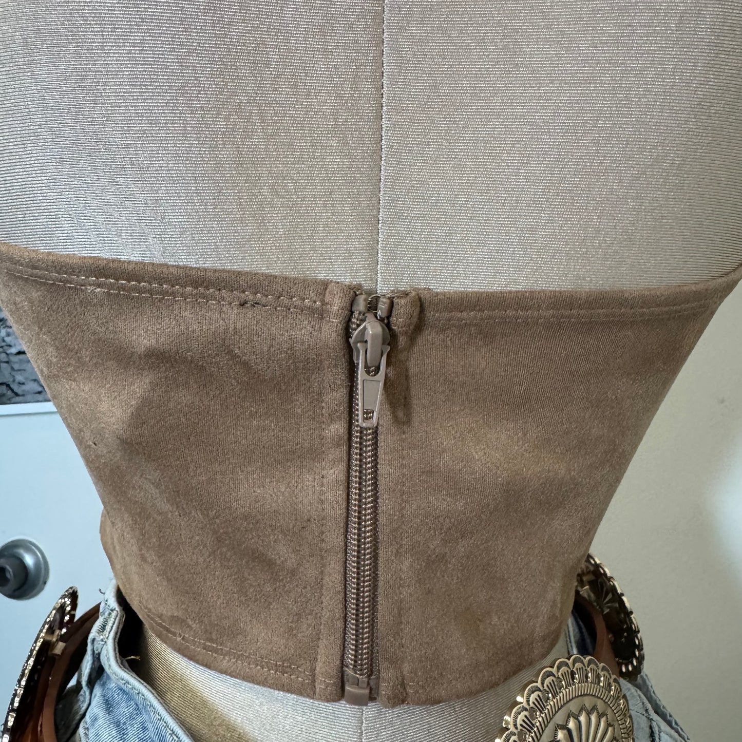 Western Style Rhinestone Tube Top-Tan