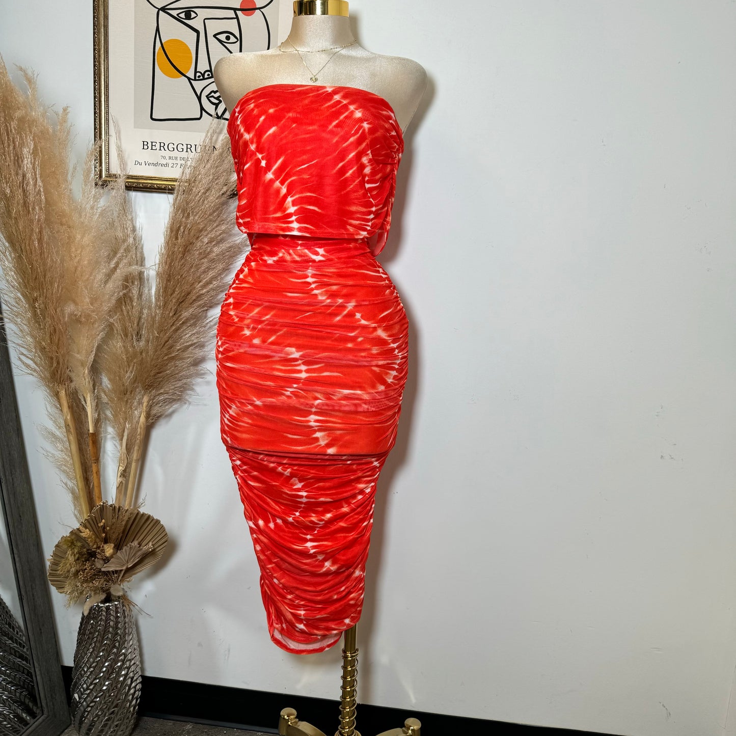 Off Shoulder Mesh Dress-Orange