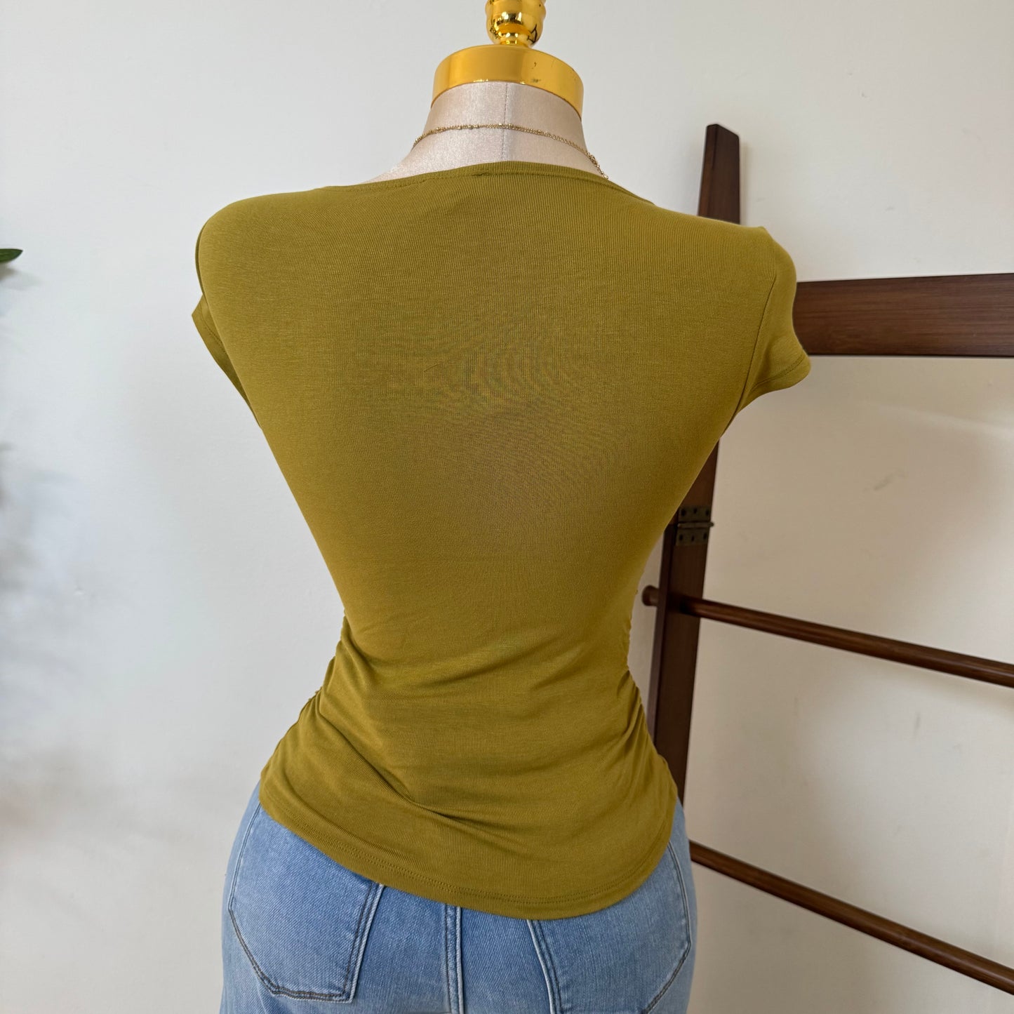 Square Neck Ruched Detail Short Sleeve Knit Top-Kiwi Olive
