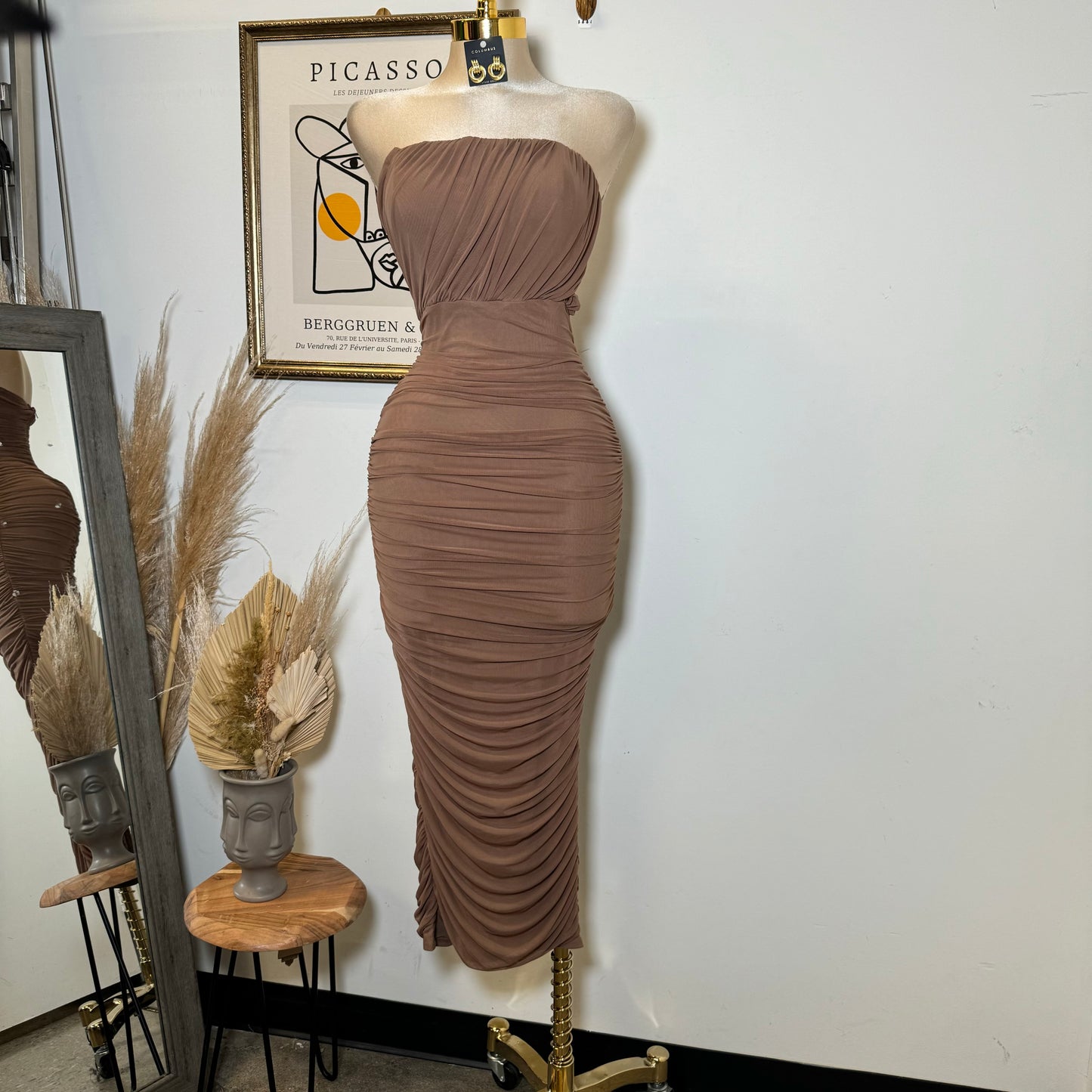 Mesh Off Shoulder Maxi Dress-Brown