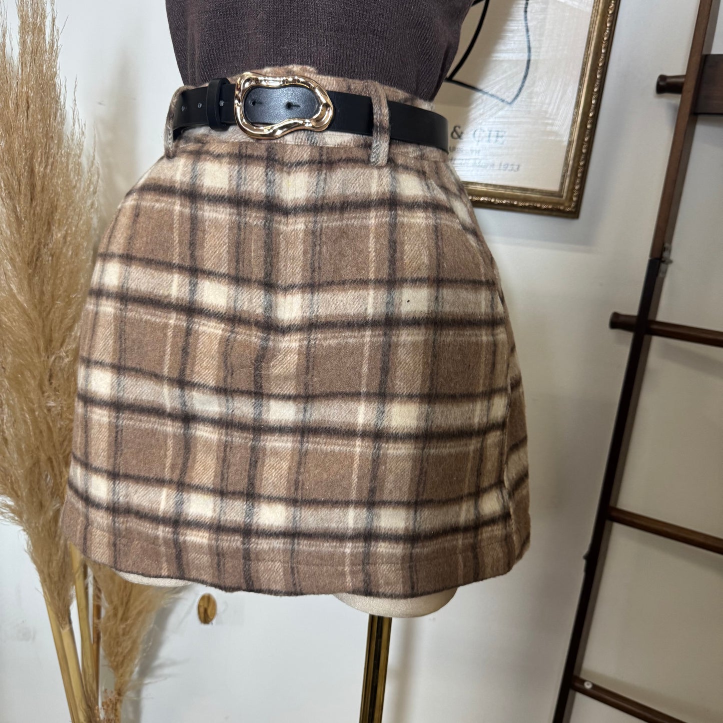 Brushed Plaid Mini Skirt-Khaki/Cream