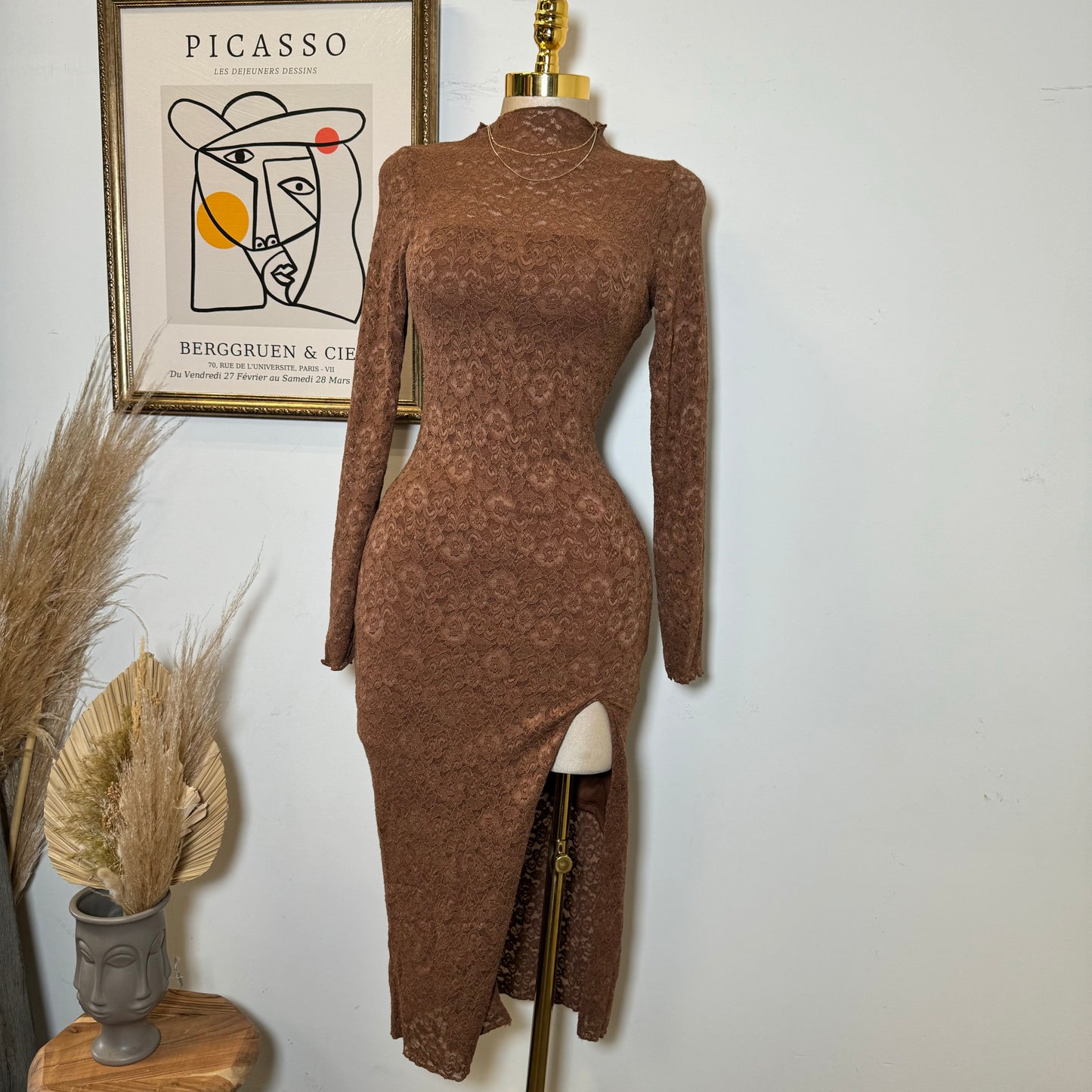 Rosie Lace Midi Open Slit  Dress-Brown