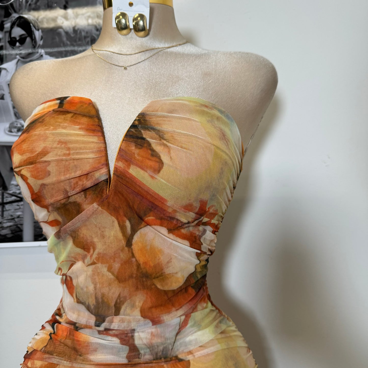Tropical Sweetheart Neckline Mesh Print Midi Dress-Orange